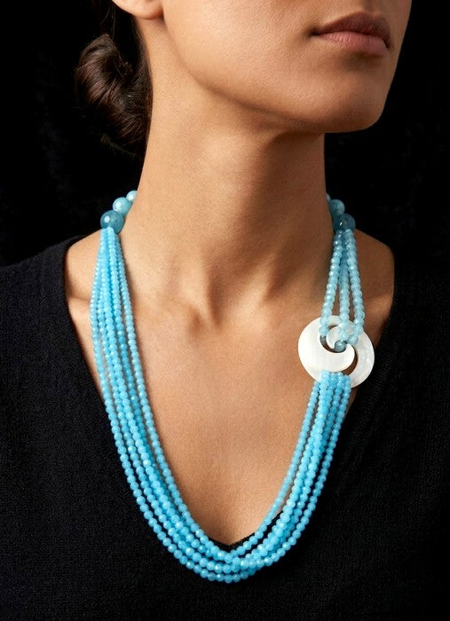 Collana Lunga Multifilo in Angelite e Madreperla