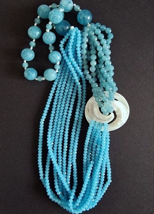 Collana Lunga Multifilo in Angelite e Madreperla