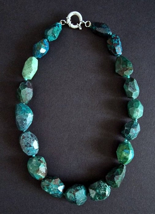Talismano della Verità e della Calma Collana Girocollo Crisocolla a sasso sfaccettato e argento 925