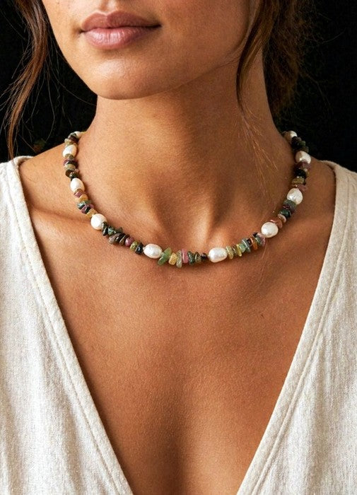 Collana Girocollo Tormalina Multicolor, Perle Coltivate e Argento 925