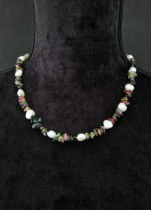 Collana Girocollo Tormalina Multicolor, Perle Coltivate e Argento 925