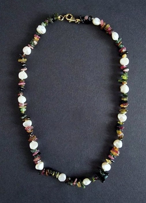 Collana Girocollo Tormalina Multicolor, Perle Coltivate e Argento 925