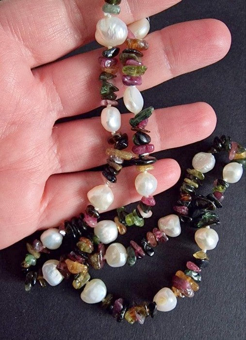 Collana Girocollo Tormalina Multicolor, Perle Coltivate e Argento 925