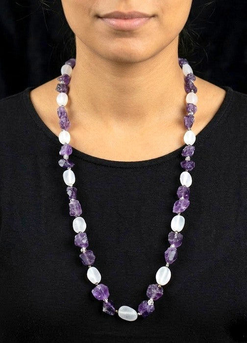 Collana Lunga Quarzo Ialino Satinato, Ametista Grezza e Argento 925