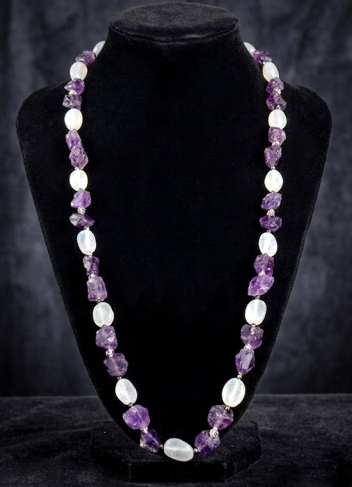 Collana Lunga Quarzo Ialino Satinato, Ametista Grezza e Argento 925