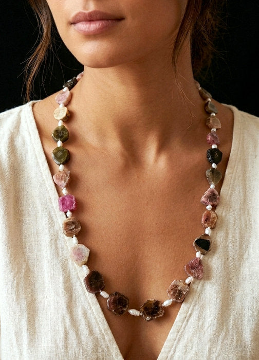 Collana Lunga Tormalina Multicolor, Perle Coltivate e Argento 925