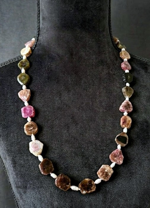 Collana Lunga Tormalina Multicolor, Perle Coltivate e Argento 925