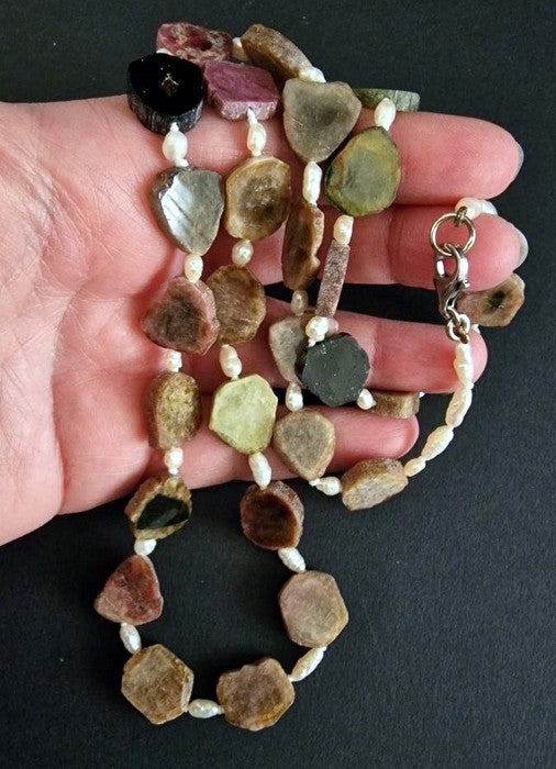 Collana Lunga Tormalina Multicolor, Perle Coltivate e Argento 925