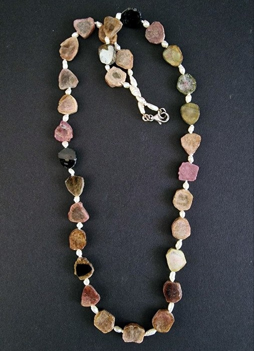 Collana Lunga Tormalina Multicolor, Perle Coltivate e Argento 925