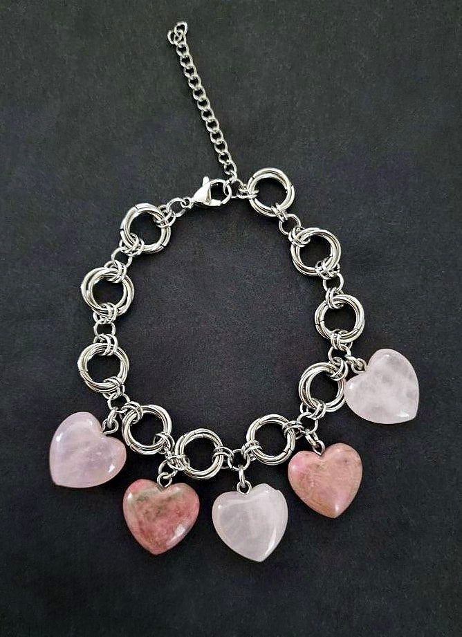Cuore Sereno | Bracciale in Acciaio con Quarzo Rosa e Rodonite