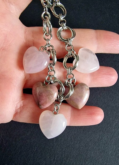 Cuore Sereno | Bracciale in Acciaio con Quarzo Rosa e Rodonite
