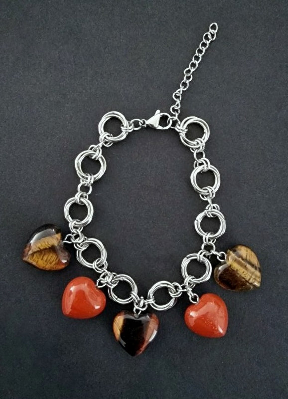 Forza Vitale | Bracciale in Acciaio con Occhio di Tigre e Diaspro Rosso