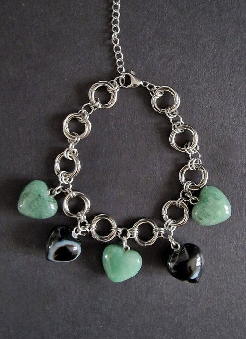 Scudo Naturale | Bracciale in Acciaio con Agata Nera e Avventurina Verde